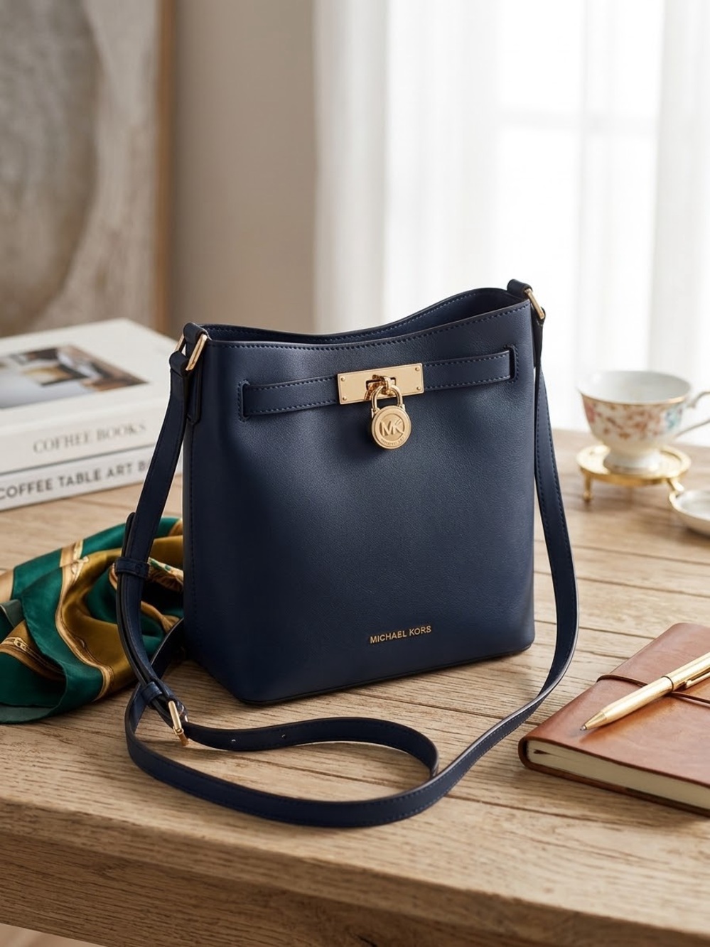 Michael Kors Navy Leather Bucket Crossbody with Gold Hardware